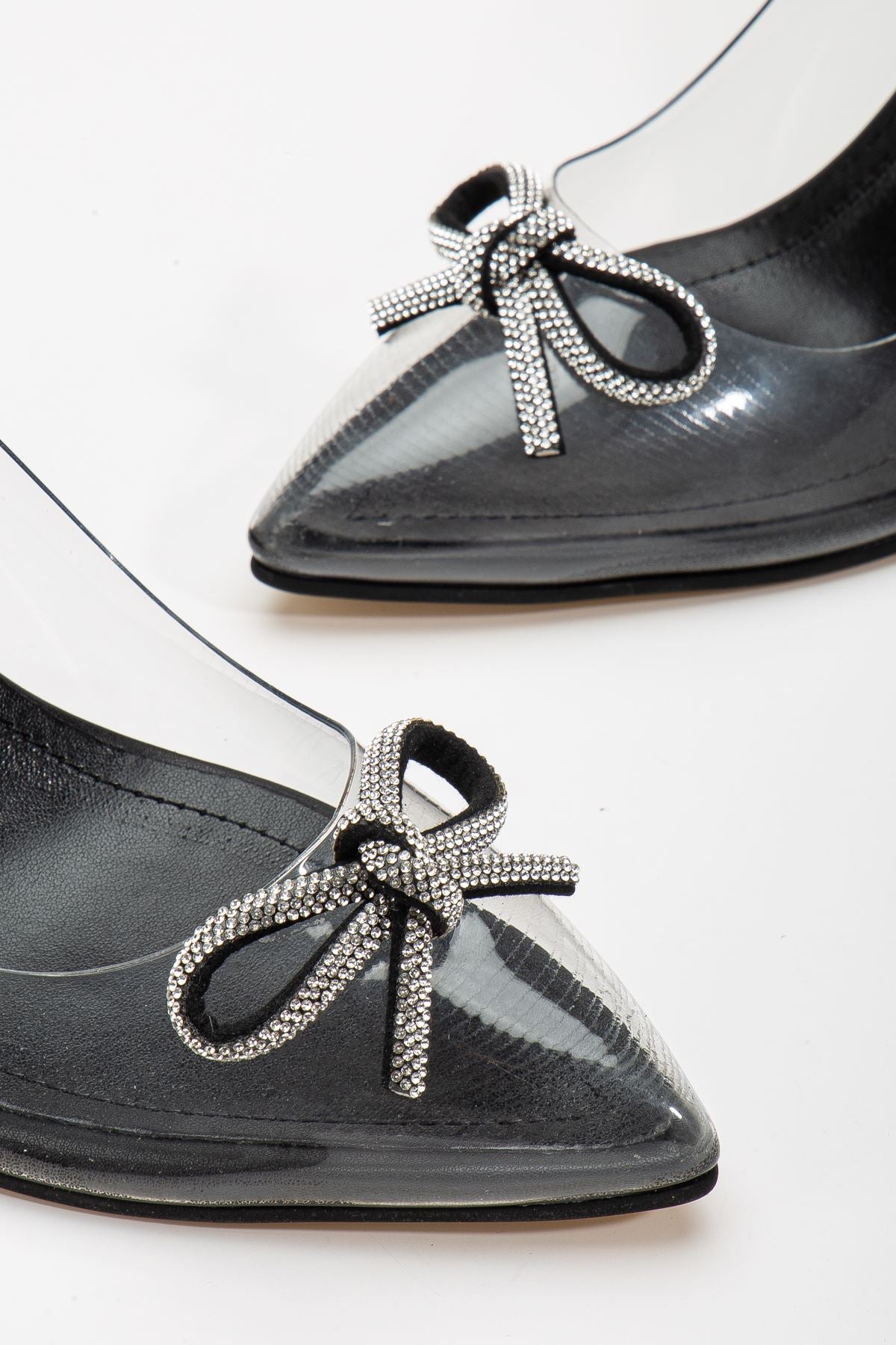 Siyah Stiletto Taşlı Şeffaf Topuklu Ayakkabı