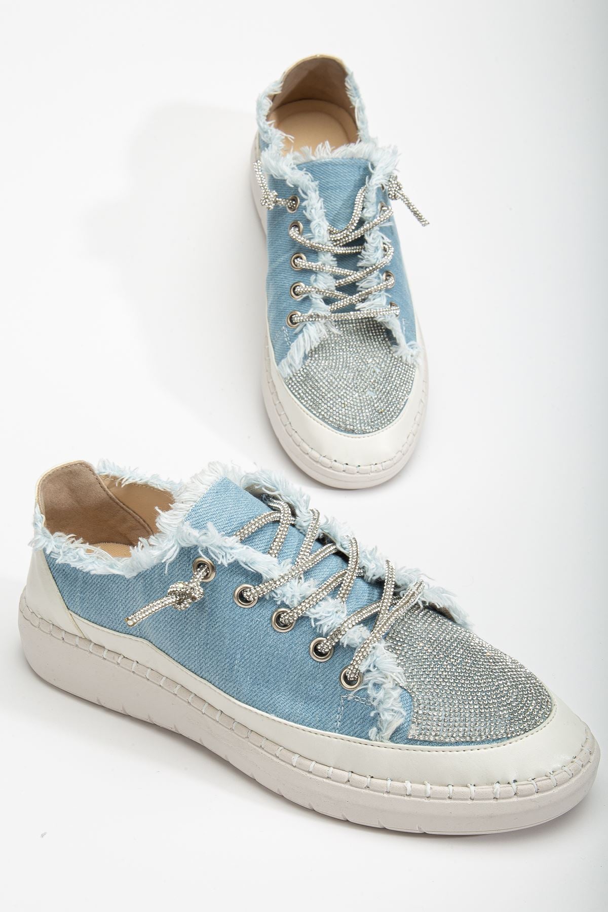 Neva Taşlı Düz Taban Kadın Bebe Mavisi Kot Sneakers