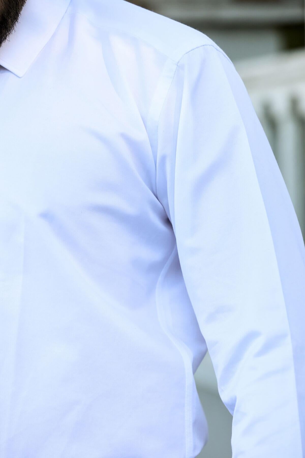 Erkek Saten Slim Fit Gömlek Beyaz