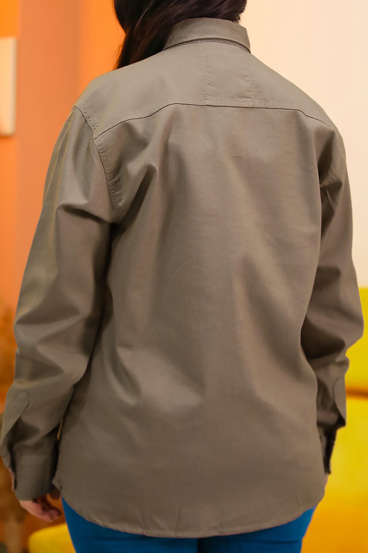 Büyük Beden Çıt Çıt Düğmeli Önden Cepli Gömlek Toprak