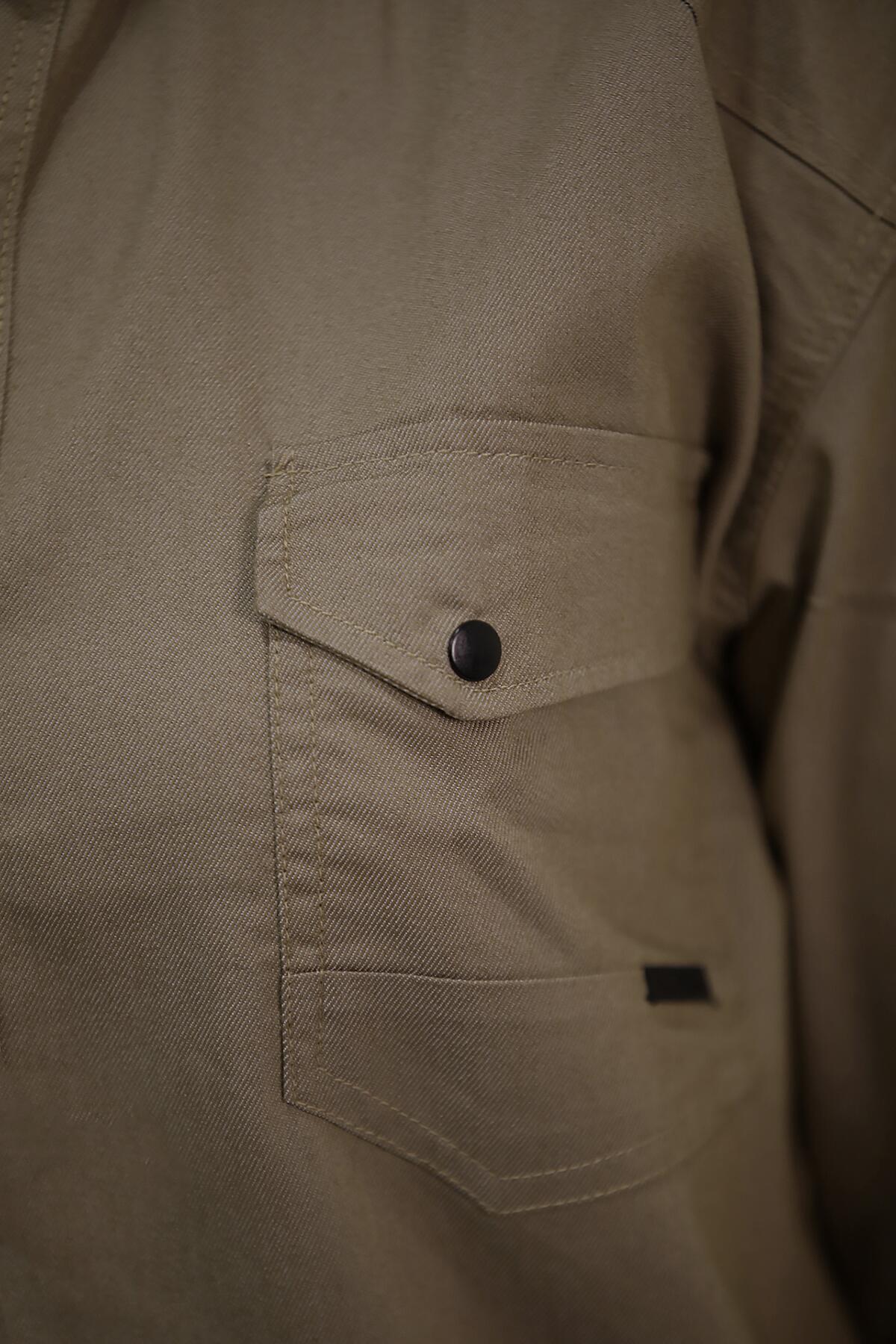 Büyük Beden Çıt Çıt Düğmeli Önden Cepli Gömlek Toprak