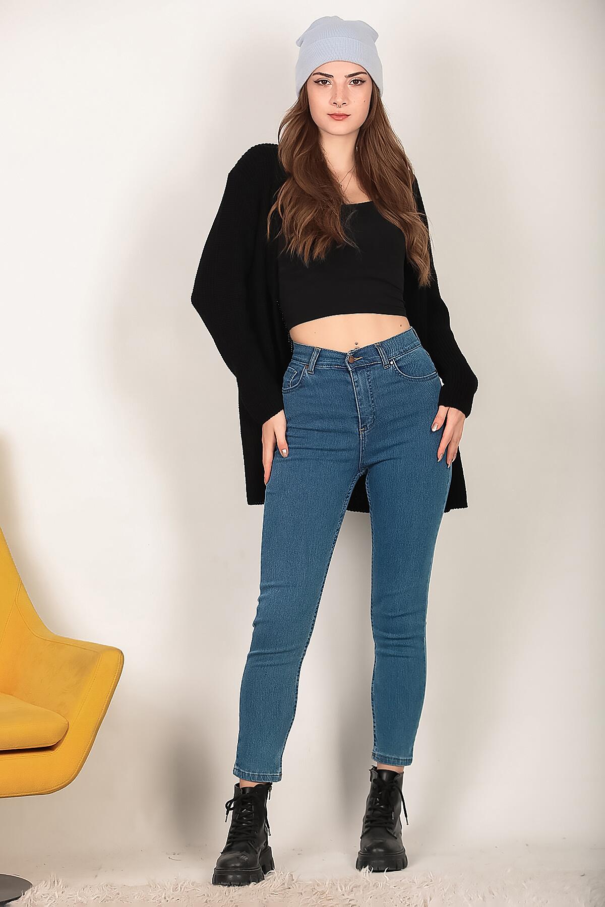 Kadın Likralı Mom Jeans Pantolon