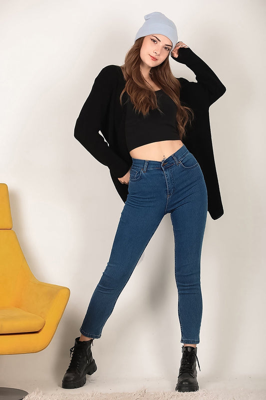 Kadın Likralı Mom Jeans Pantolon Koyu Mavi