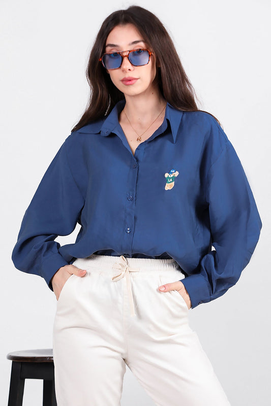 Kadın Ayıcık İşlemeli Gömlek İndigo