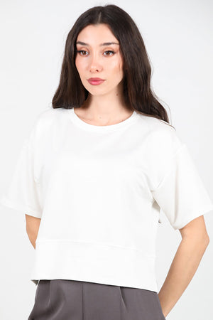 Kadın Bisiklet Yaka Yan Yırtmaçlı T-Shırt Ekru