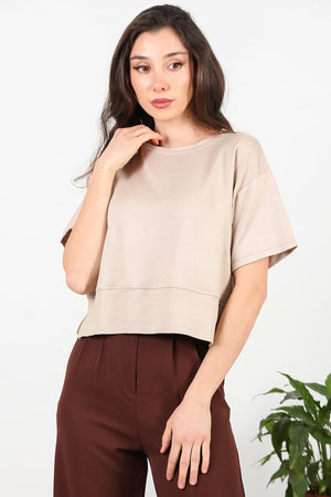 Kadın Bisiklet Yaka Yan Yırtmaçlı T-Shırt Vizon