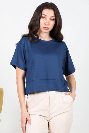 Kadın Bisiklet Yaka Yan Yırtmaçlı T-Shırt Lacivert