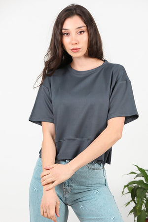 Kadın Bisiklet Yaka Yan Yırtmaçlı T-Shırt Füme