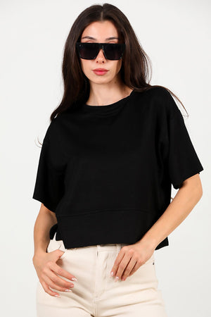 Kadın Bisiklet Yaka Yan Yırtmaçlı T-Shırt Siyah