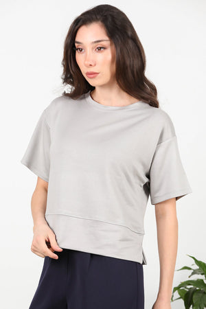 Kadın Bisiklet Yaka Yan Yırtmaçlı T-Shırt Gri