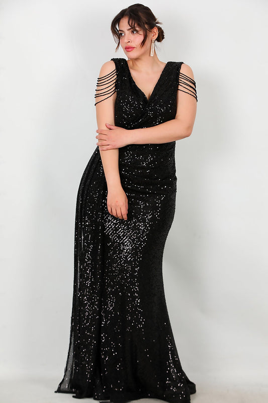 Büyük Beden Omuz Zincir Detay Uzun Pullu Abiye Siyah