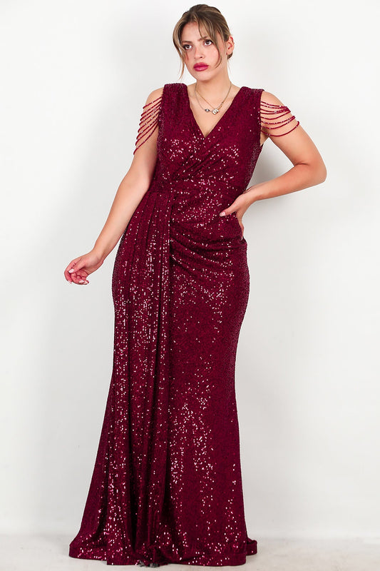 Büyük Beden Omuz Zincir Detay Uzun Pullu Abiye Bordo