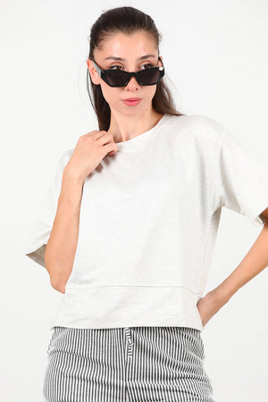 Kadın Bisiklet Yaka Yan Yırtmaçlı T-Shırt Açık Gri