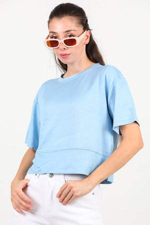 Kadın Bisiklet Yaka Yan Yırtmaçlı T-Shırt Mavi
