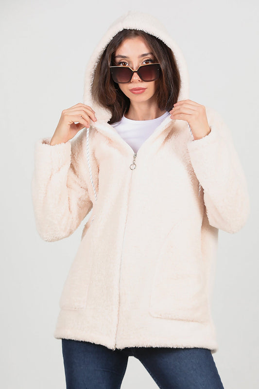 Kadın Kapşonlu Fermuarlı Peluş Ceket Ekru