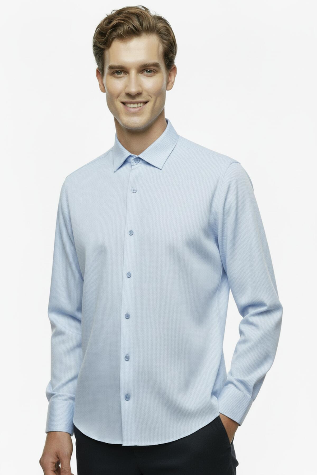 Erkek Slim Fit Çizgili Gömlek Buz Mavisi