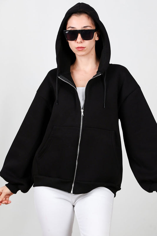 Kadın Kapşonlu Fermuarlı Şardonlu Sweat Siyah