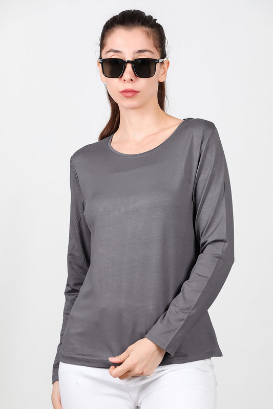 Kadın Bisiklet Yaka Uzun Kol Penye Bluz Gri