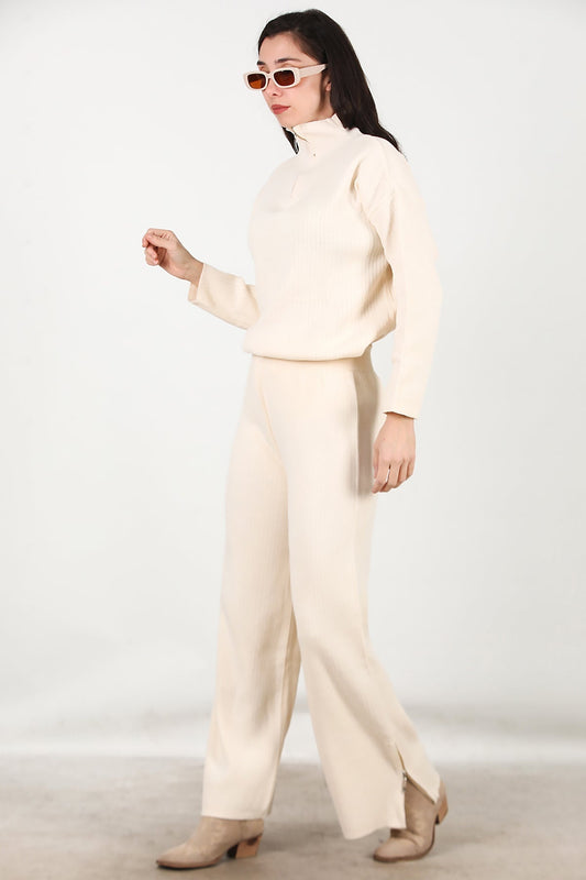 Kadın Fermuar Detay Triko Takım Krem