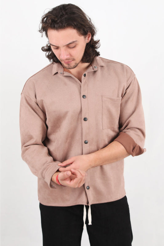 Erkek Çıtçıt Düğmeli Süet Gömlek Bej