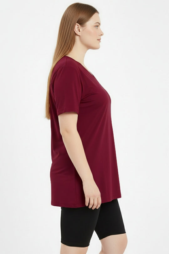 Büyük Beden Oversize V Yaka Tshırt Bordo