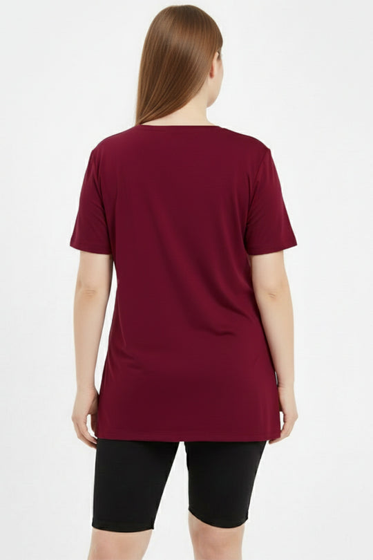 Büyük Beden Oversize V Yaka Tshırt Bordo