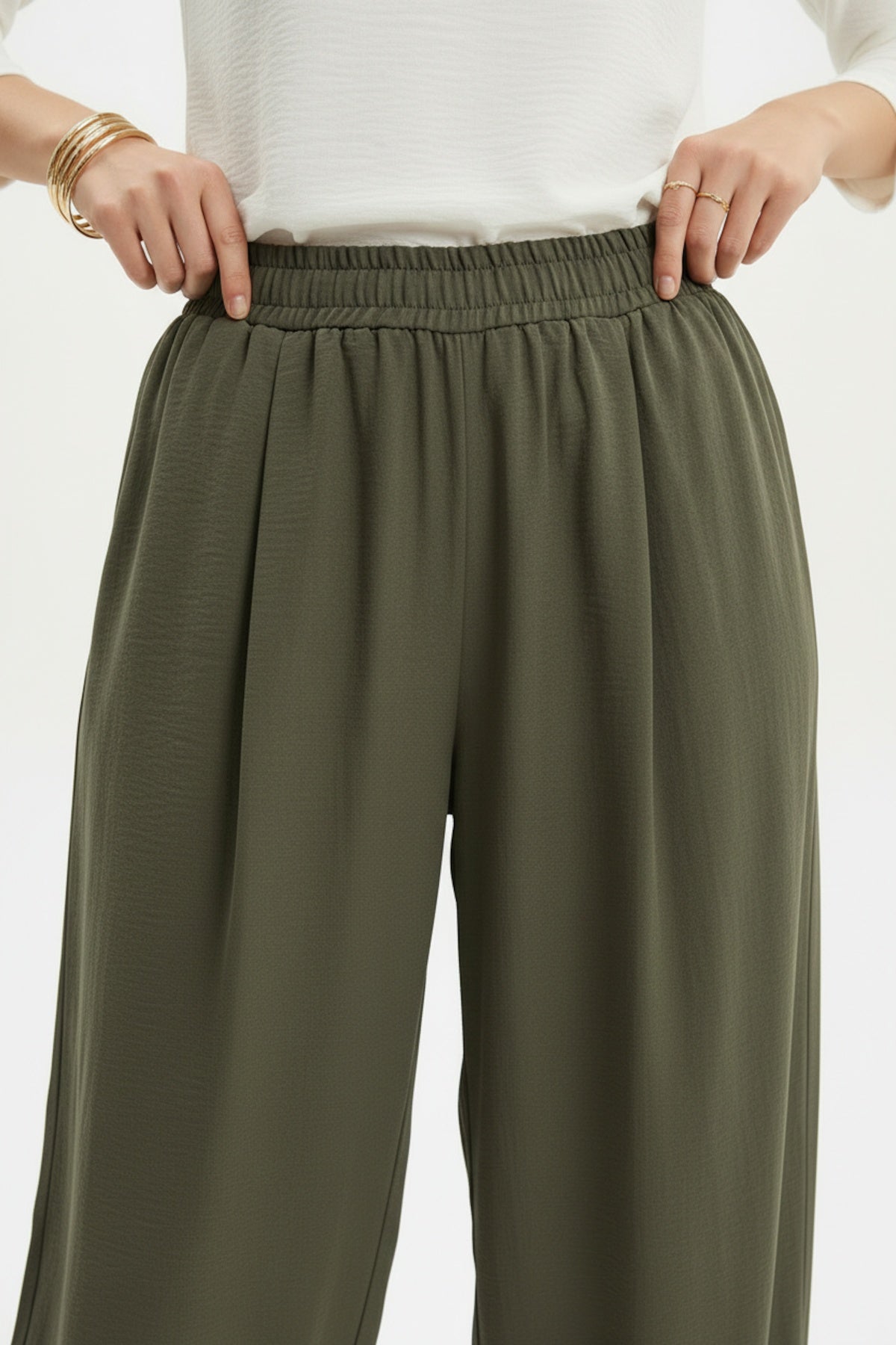 Kadın Bel Lastik Paça Pileli Pantolon Haki