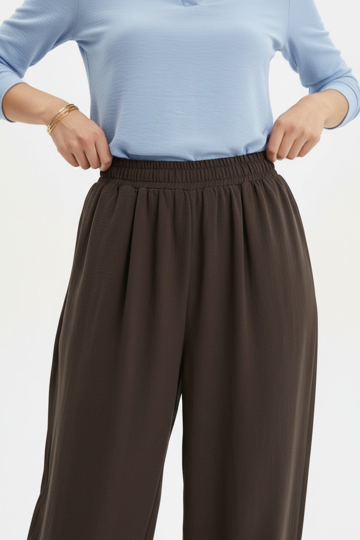 Kadın Bel Lastik Paça Pileli Pantolon Kahverengi