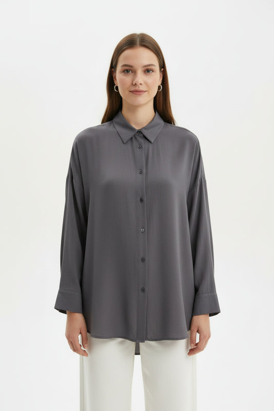 Kadın Düğmeli Oversize Gömlek Füme