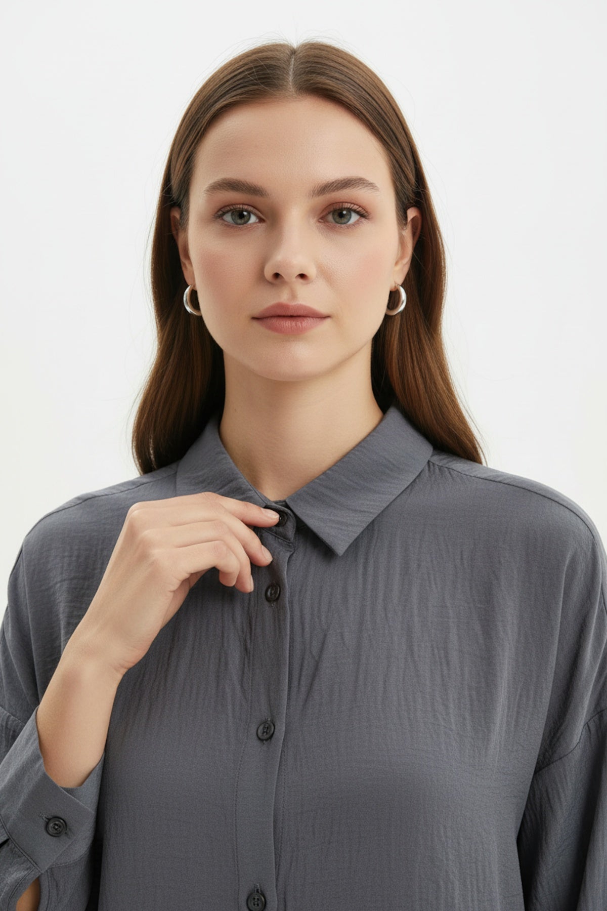 Kadın Düğmeli Oversize Gömlek Füme