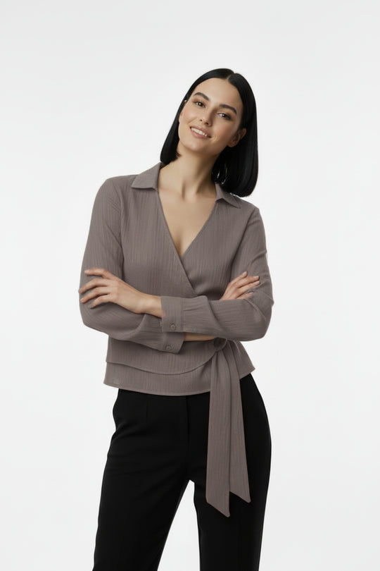 Kadın Müslim Tencel Kumaş Detaylı Bluz Vizon