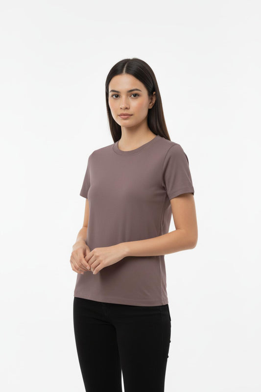 Kadın Bisiklet Yaka Bady Tshırt Açık Kahverengi