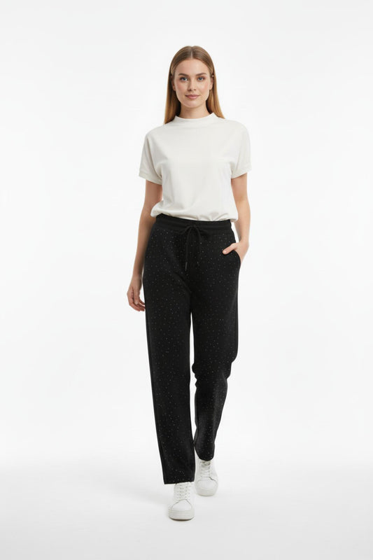 Kadın Bol Paça Taşlı Pantolon Siyah