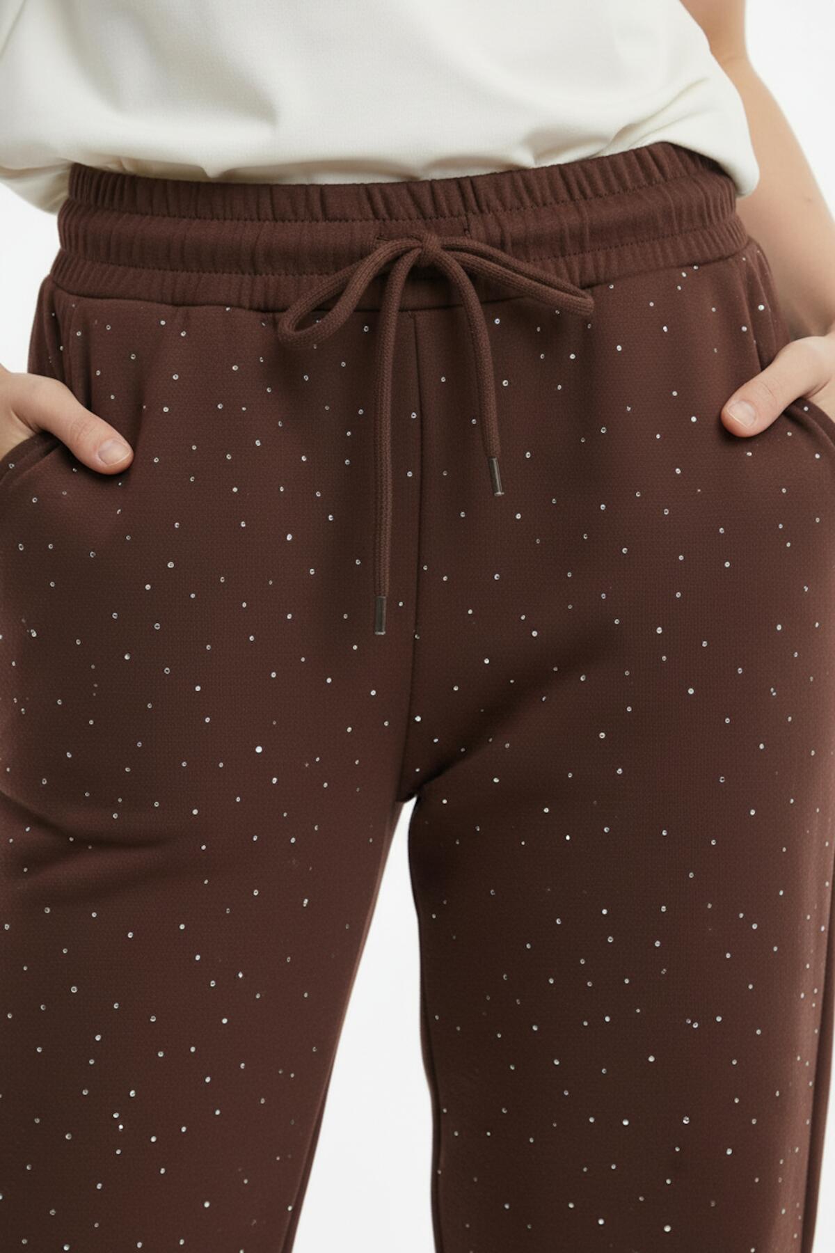 Kadın Bol Paça Taşlı Pantolon Kahverengi