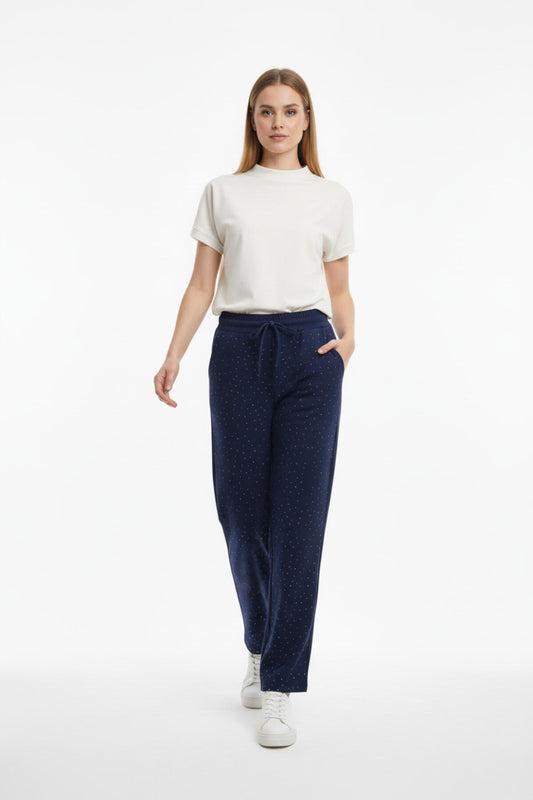 Kadın Bol Paça Taşlı Pantolon Lacivert