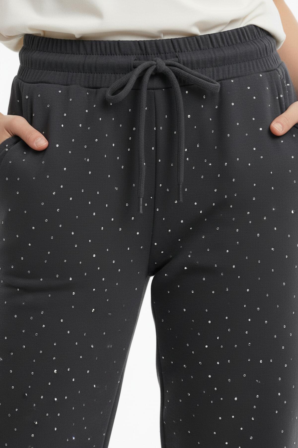 Kadın Bol Paça Taşlı Pantolon Füme