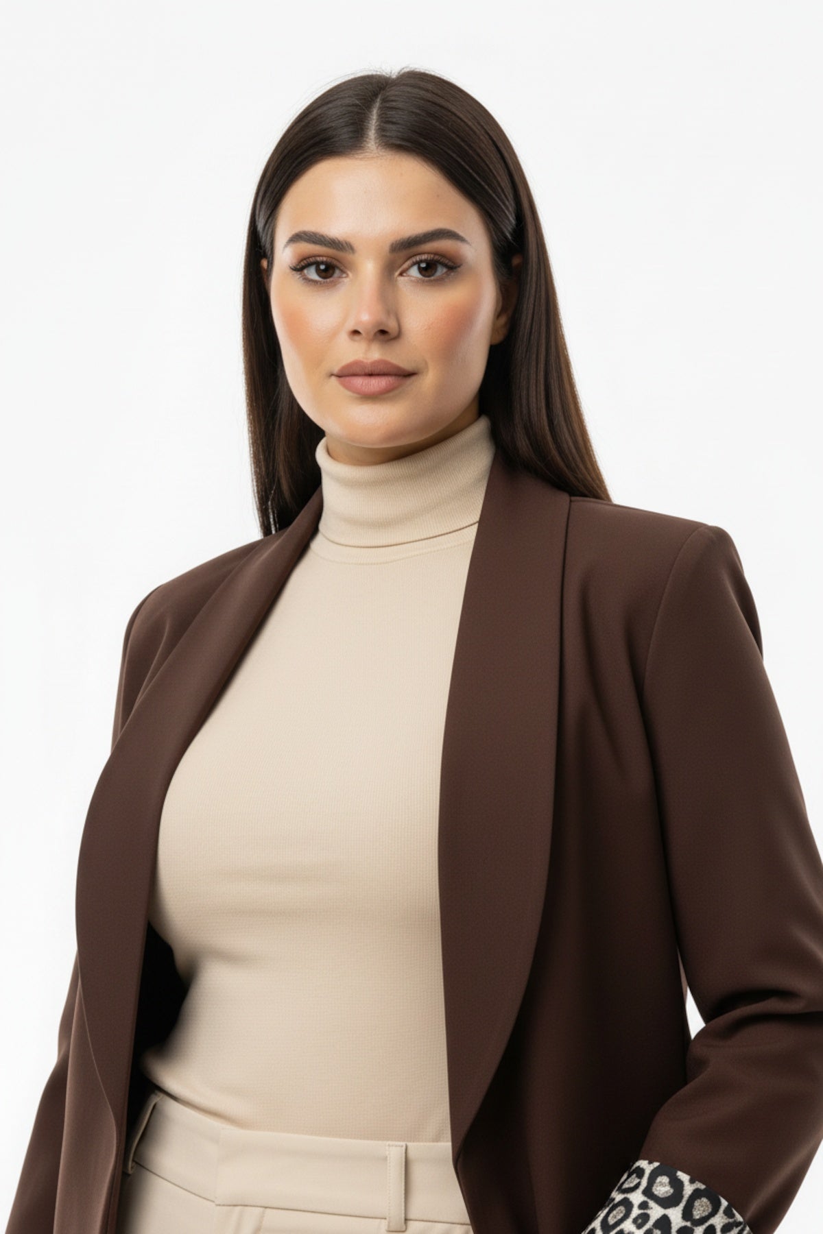 Büyük Beden İçi Leoparlı Blazer Ceket Kahverengi