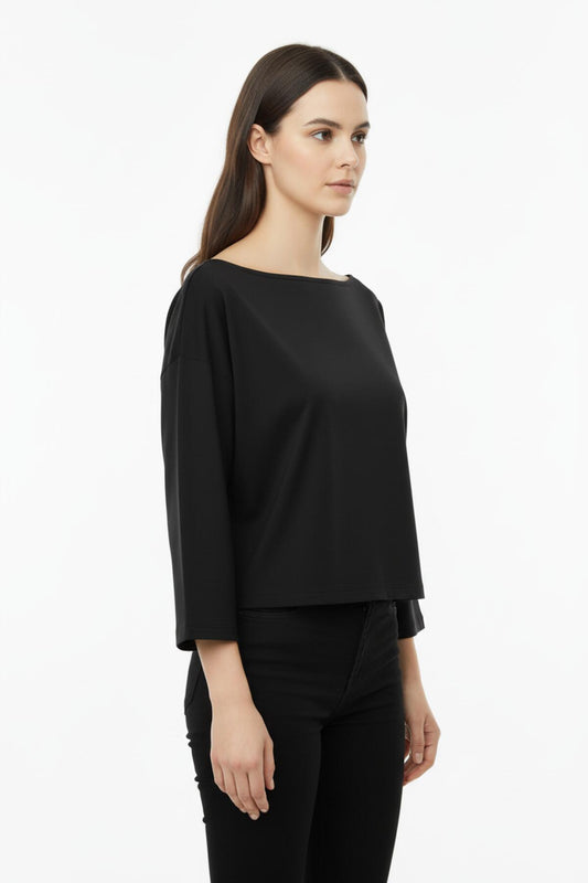 Kadın Düşük Omuz Kolları Geniş Kesim Bluz Siyah