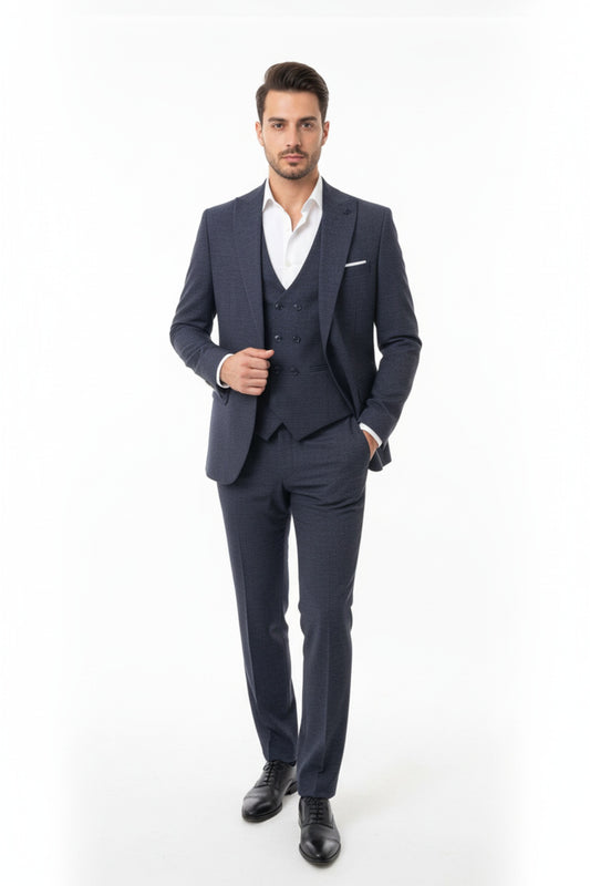 Erkek Zegna Kırçıllı 3Lü Takım Lacivert