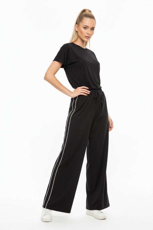 Kadın Yanları Biyeli Cepli Bol Paça Pantolon Siyah