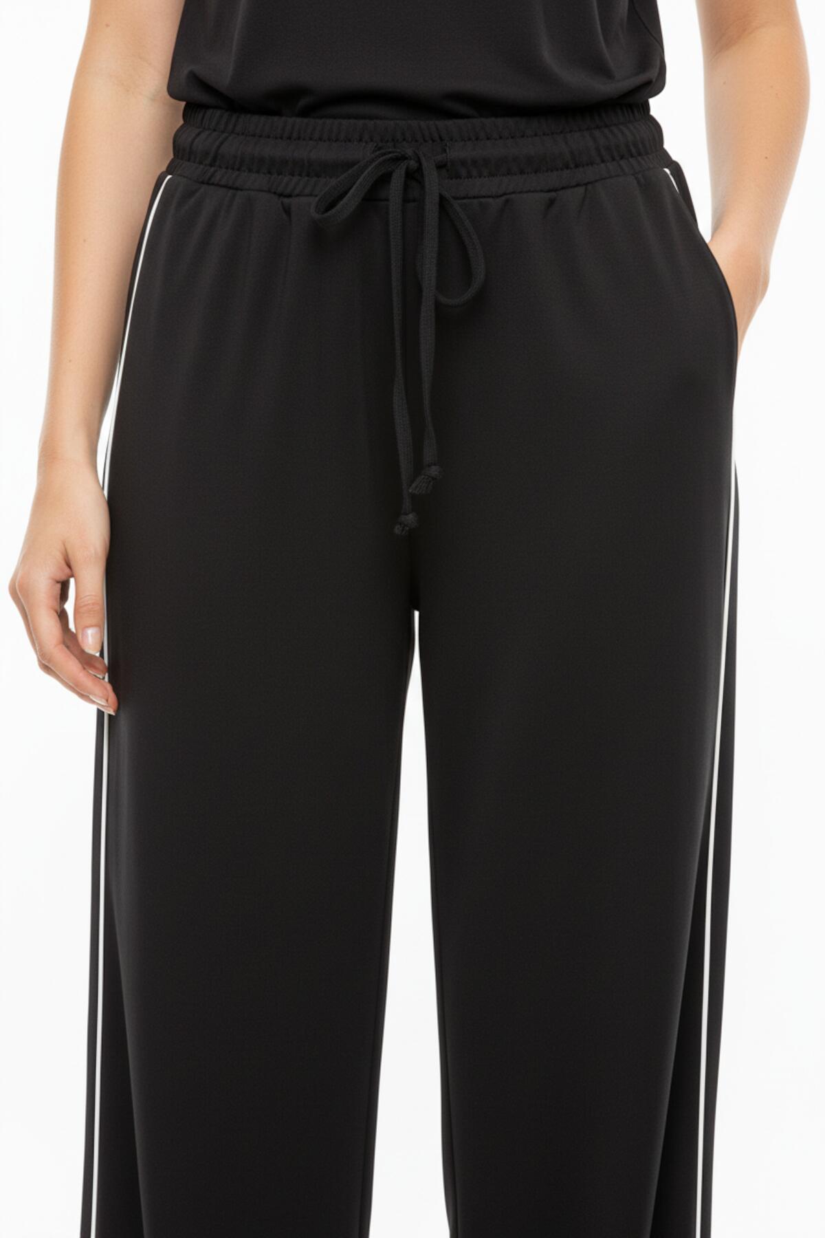 Kadın Yanları Biyeli Cepli Bol Paça Pantolon Siyah