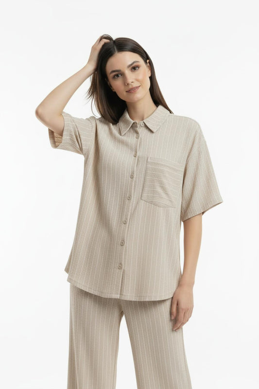 Kadın Çizgili Dokuma Kısa Kol Gömlek Krem
