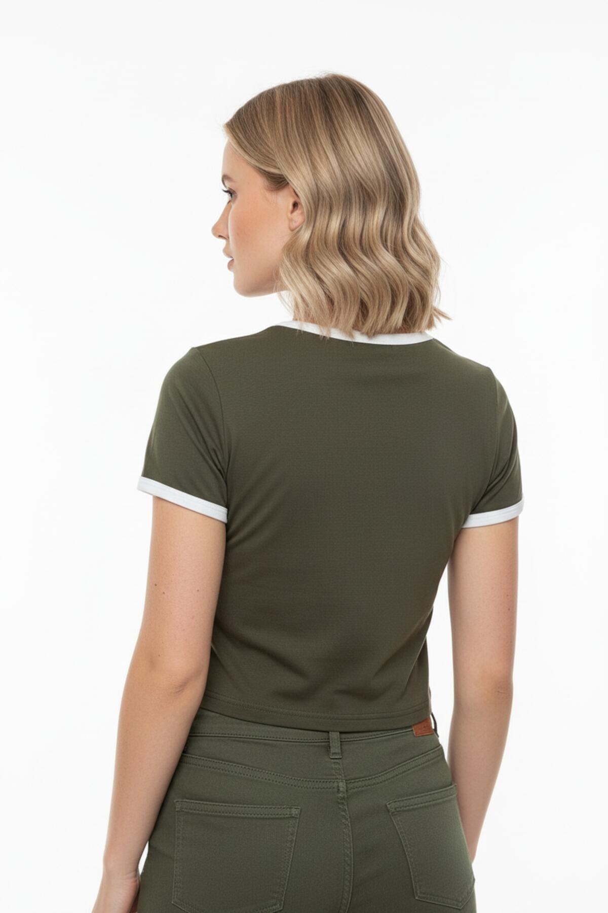 Kadın Önü Baskılı Bisiklet Yaka Kısa Bady Tshırt Haki