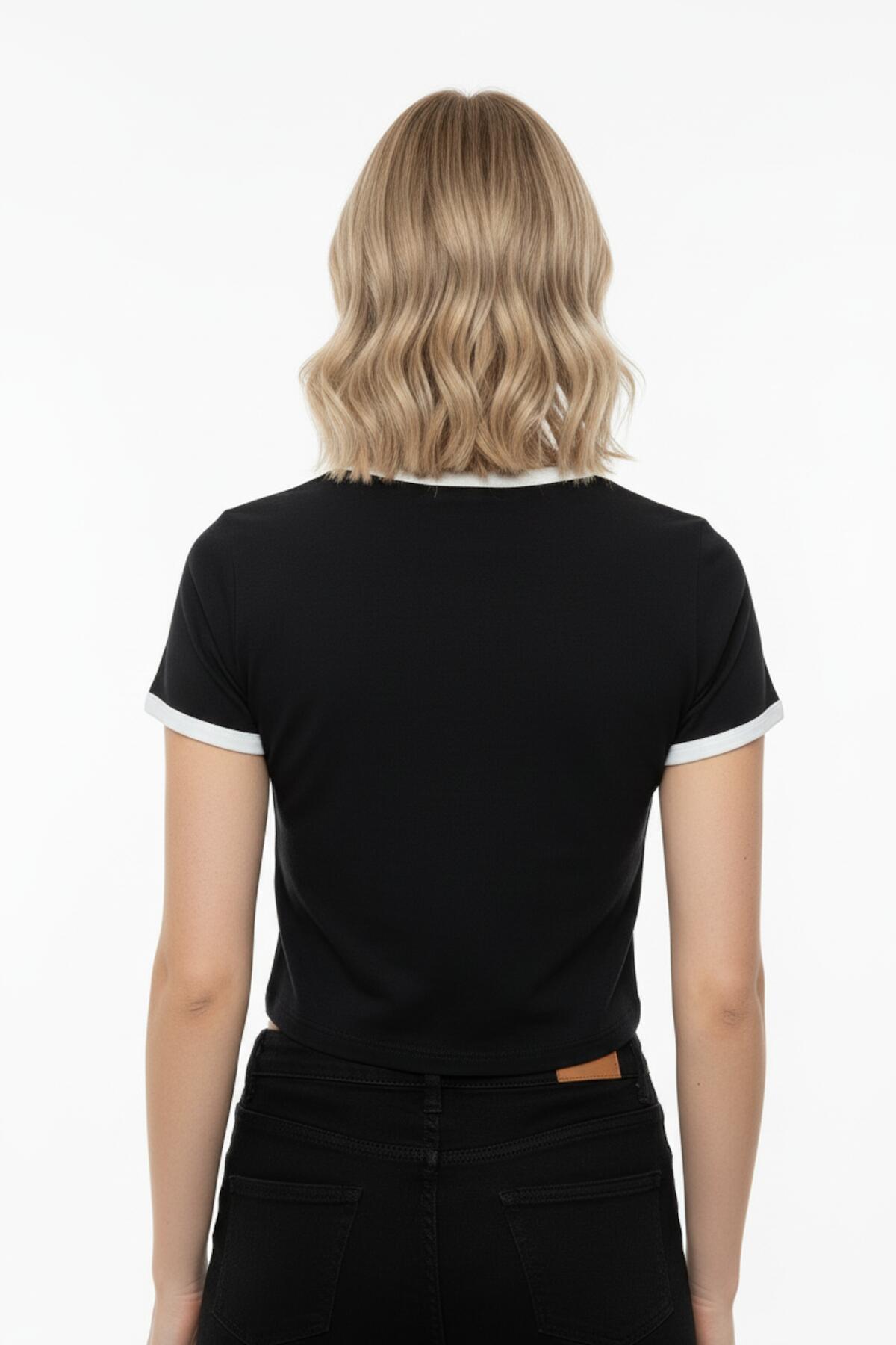 Kadın Önü Baskılı Bisiklet Yaka Kısa Bady Tshırt Siyah