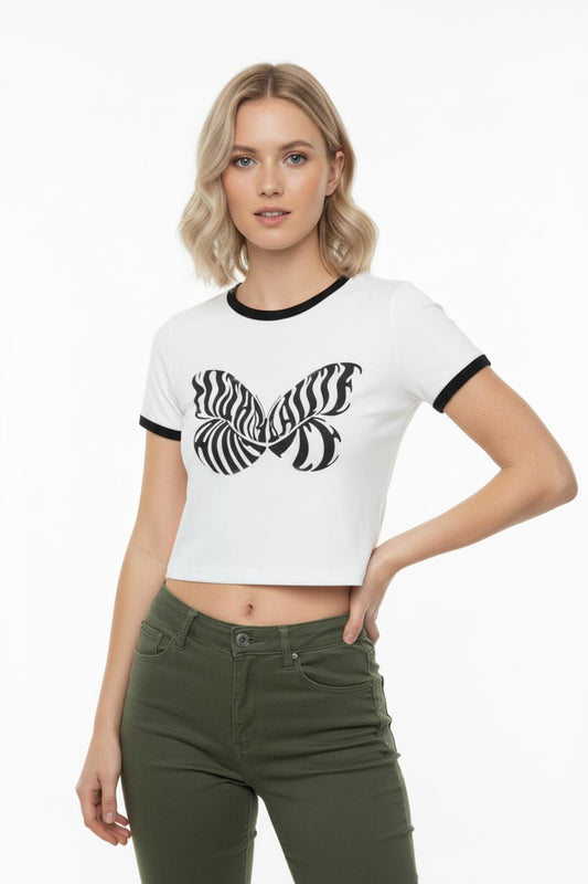 Kadın Önü Baskılı Bisiklet Yaka Kısa Bady Tshırt Ekru