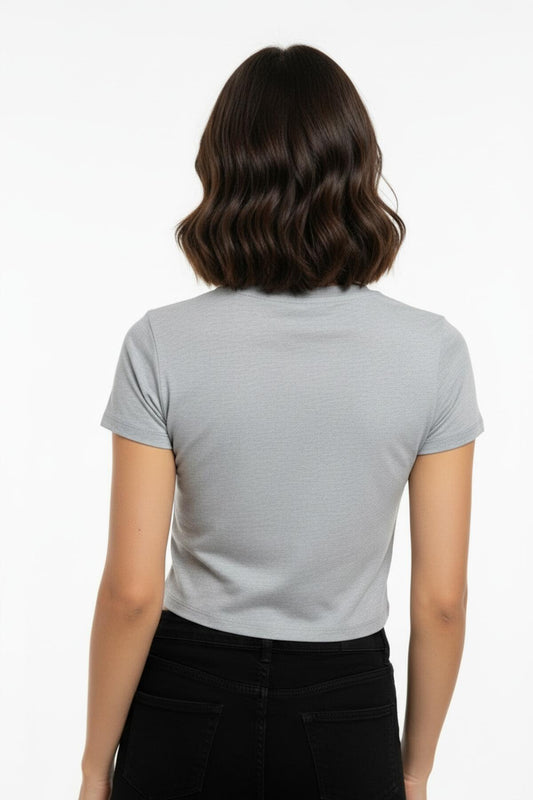 Kadın Bisiklet Yaka Kısa Bady Tshırt Gri