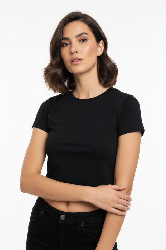 Kadın Bisiklet Yaka Kısa Bady Tshırt Siyah