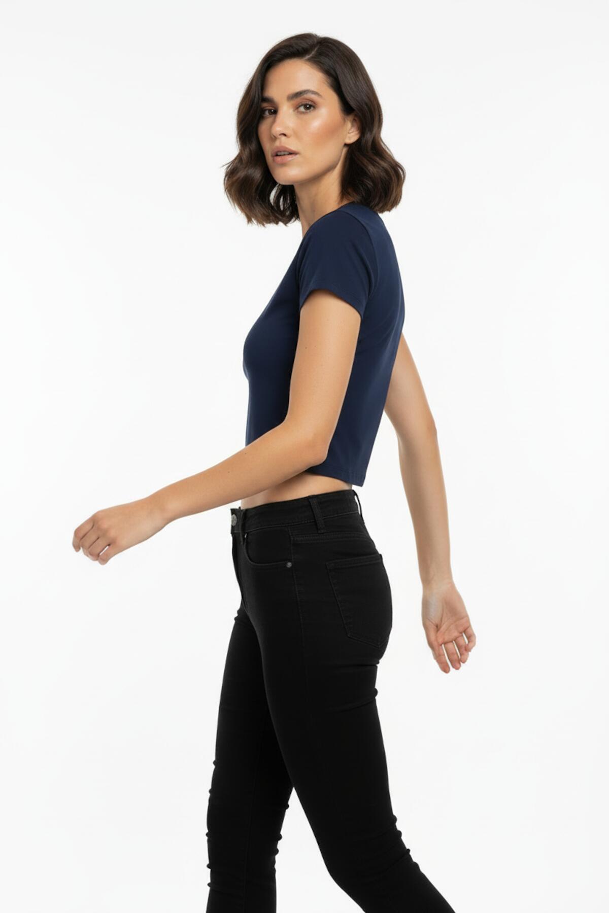 Kadın Bisiklet Yaka Kısa Bady Tshırt Koyu Lacivert