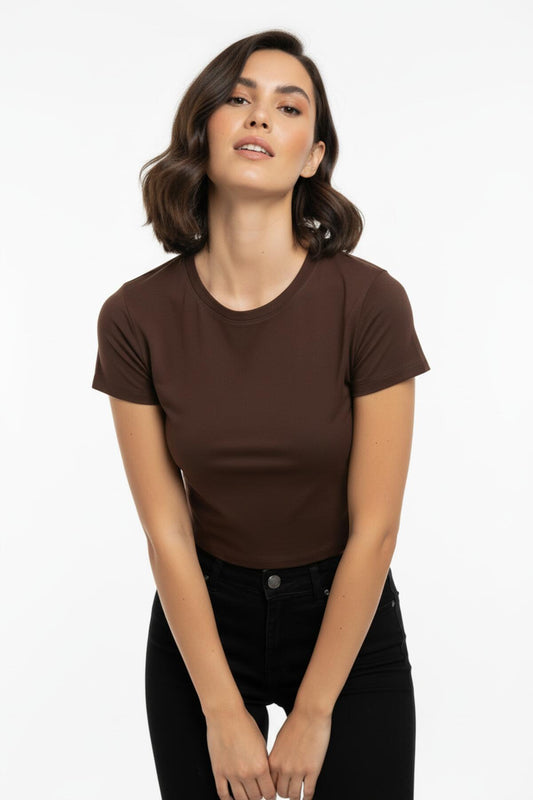 Kadın Bisiklet Yaka Kısa Bady Tshırt Kahverengi