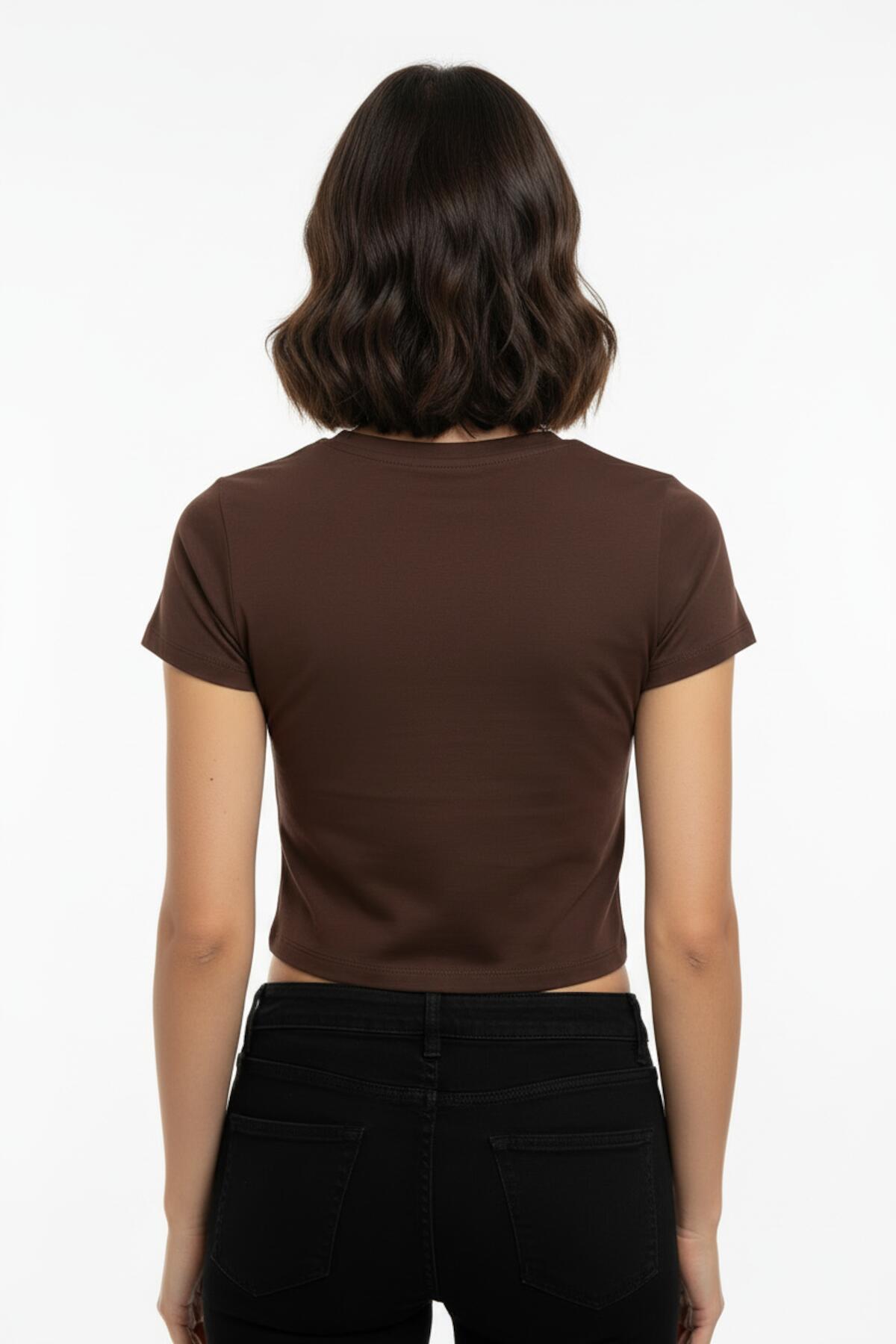 Kadın Bisiklet Yaka Kısa Bady Tshırt Kahverengi